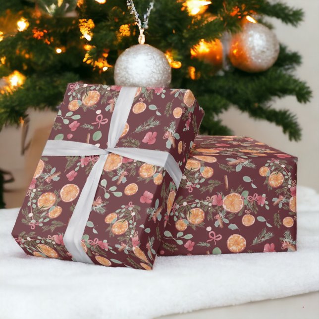 Papier Cadeau Festif Orange Pine floral Aquarelle Festif rouge (Festive Orange Pine floral Watercolor Holiday red Wrapping Paper)