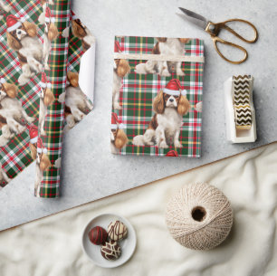 Papier Cadeau Festif Plaid Cavalier Spaniel Père Noël Chien Noël