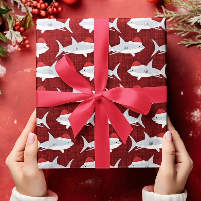 Papier Cadeau Festif Red Shark Santa Hat Art (Shark Santa Red Fabric Look Background Wrapping Paper)