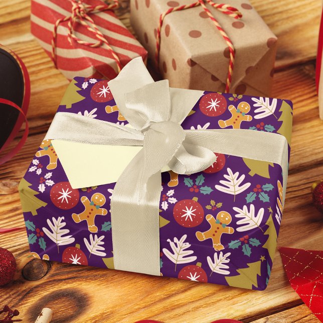 Papier Cadeau Festif Violet Arbre de Noël Hommes en pain d'épice (Créateur téléchargé)