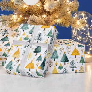 Papier Cadeau Festive Arbres de Noël Jaunes et verts