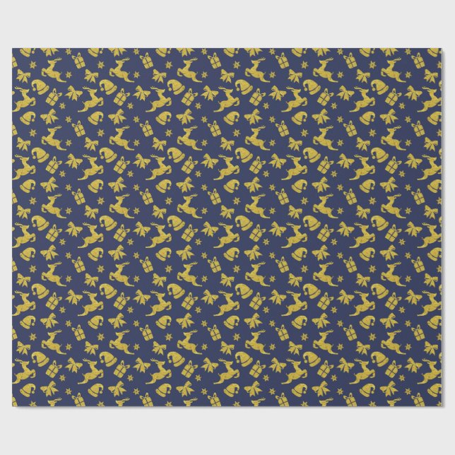 Papier Cadeau Festive Blue Gold Reindeer Christmas Holiday (Plat)