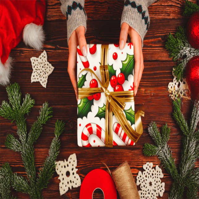 Papier Cadeau Festive Candy Cane & Holly Christmas Wrapping Pape (Créateur téléchargé)