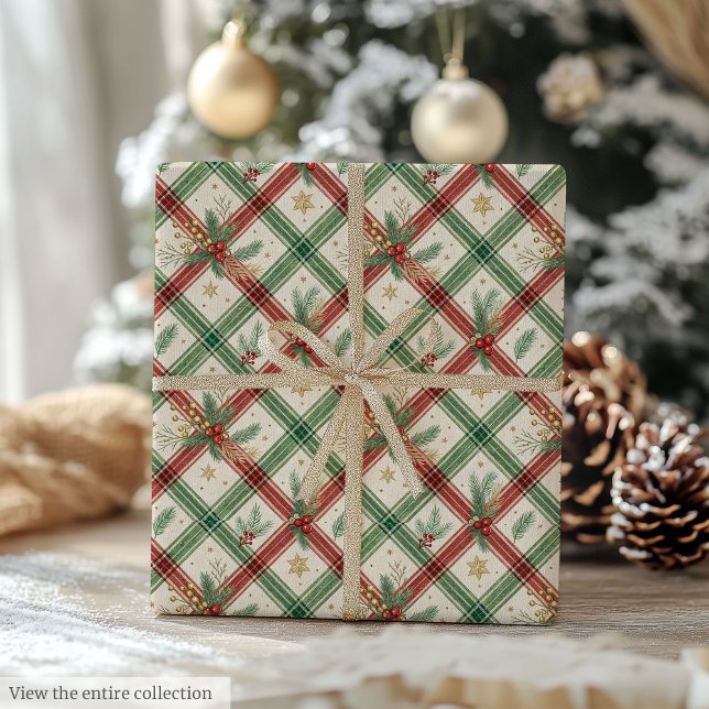 Papier Cadeau Festive green and red watercolor tartan holiday (Festive green and red watercolor tartan holiday Wrapping Paper)