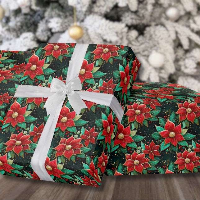 Papier Cadeau Festive Motif Poinsettia Fleurs Noël (Festive Pattern Poinsettia Flowers Christmas Wrapping Paper)