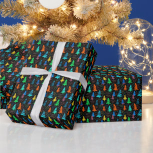Papier Cadeau Festive Neon noir Bleu Arbres de Noël Motif