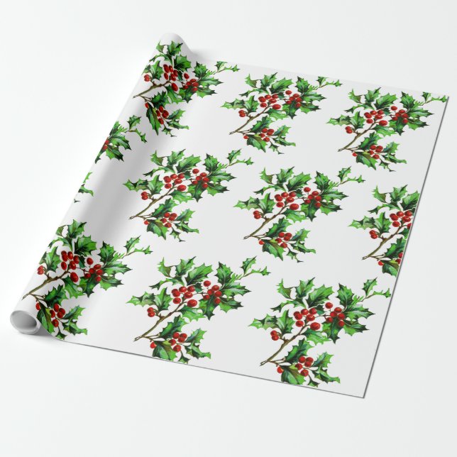 Papier Cadeau Festive Noël Holly Berries sur blanc (Déroulé)