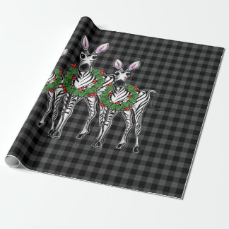 Papier Cadeau Festive Noël zèbres, xmas couronne, plaid gris