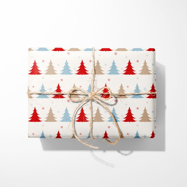 Papier Cadeau Festive Nordic Christmas Trees - Rouge, Bleu & Bei (Créateur téléchargé)