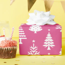 Papier Cadeau Festive Pink and White Christmas Tree Pattern