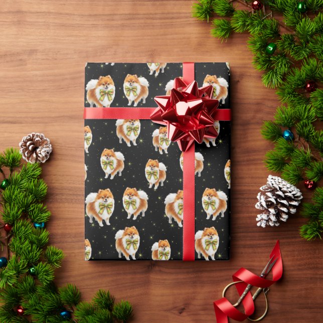 Papier Cadeau Festive Pomeranian Dog in Bow Tie Black Pattern (Cadeau de vacances)