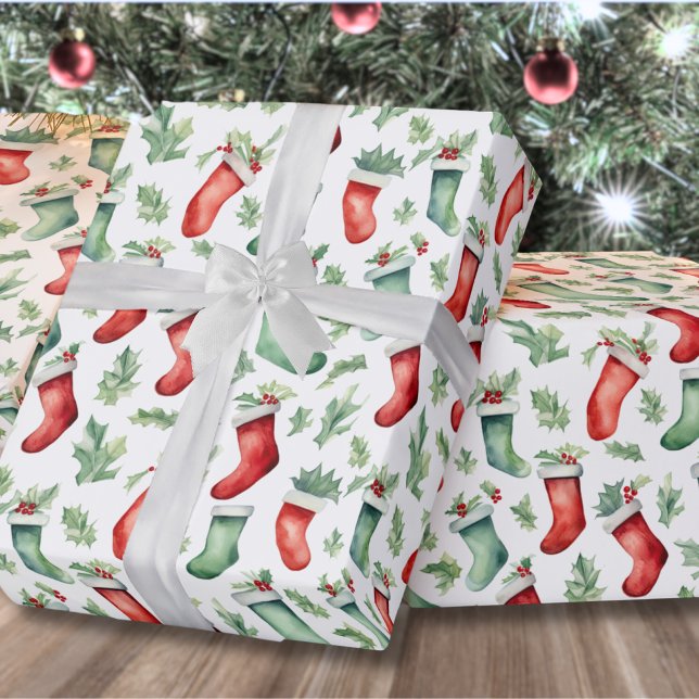 Papier Cadeau Festive Red Green Bas Noël (Traditional Festive Red Green Stockings Christmas Wrapping Paper)