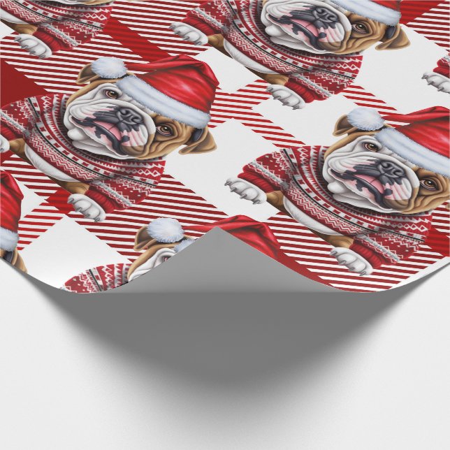 Papier Cadeau Festive Red Plaid et Bulldog Noël (Coin)
