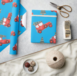 Papier Cadeau Festive Red Retro Voiture & Motif d'arbre de Noël