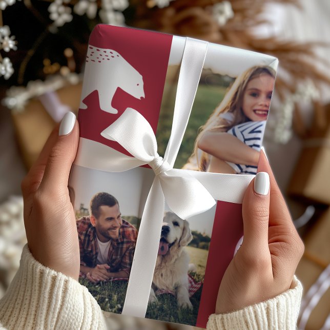 Papier Cadeau Festive Red Winter Bears Photo Collage Noël (Créateur téléchargé)