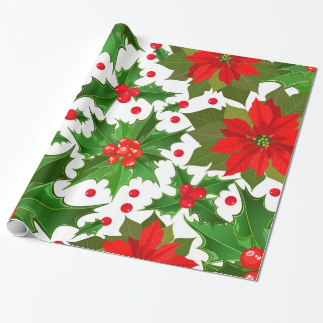 Papier Cadeau Festive Rouge Poinsettia Flower & Christmas Holly (Déroulé)