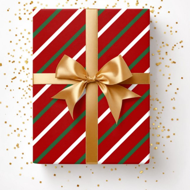 Papier Cadeau Festive Rouge Vert rayures Noël (Christmas Red Green Striped Pattern Wrapping Paper)
