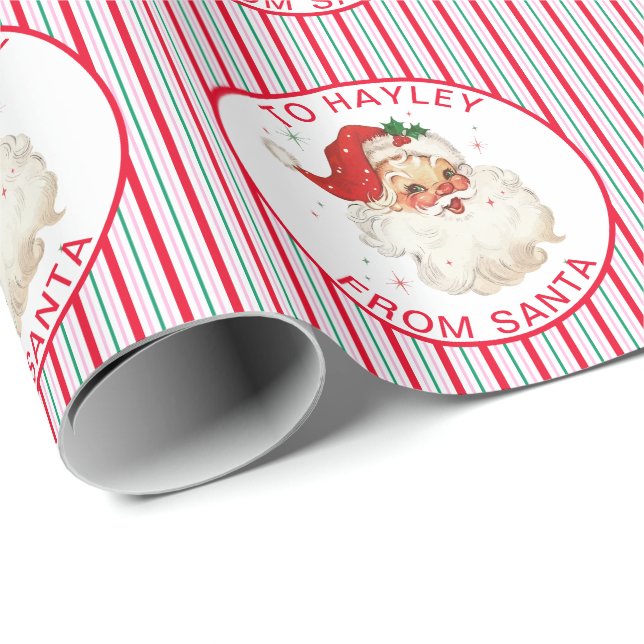 Papier Cadeau Festive Stripe Nom Personnalisé De Père Noël Don (Coin rond)
