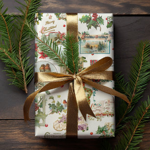 Papier Cadeau Festive Vintage Noël Voeux Collage-Ecru