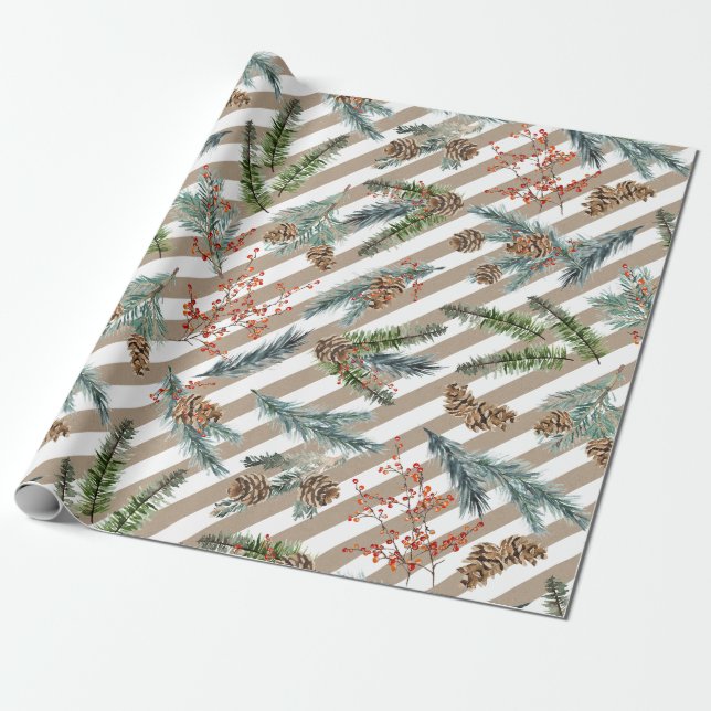 Papier Cadeau Festive White Stripe Pine Spruce Kraft Holiday (Déroulé)