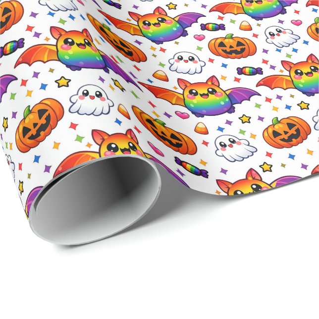 Papier Cadeau 🦇🌈 Fête Arc-en-Ciel Effrayante (Coin rond)