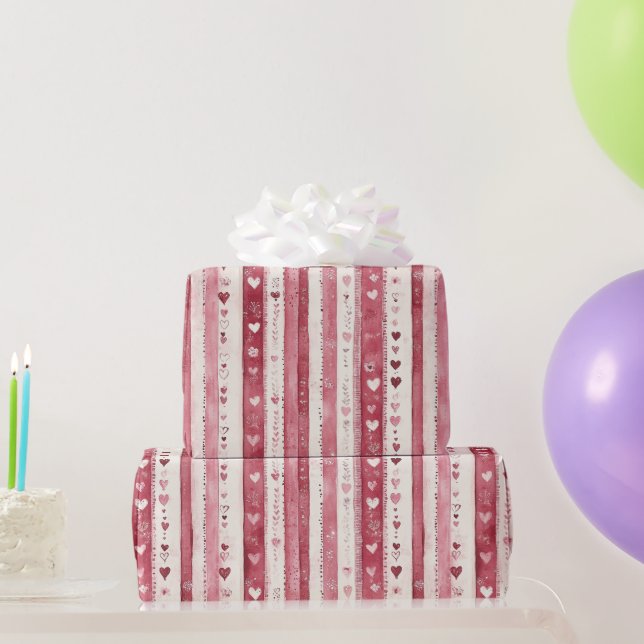 Papier Cadeau Fête Cœurs Rayures Rose Rouge Blanc (Cadeaux de fête)