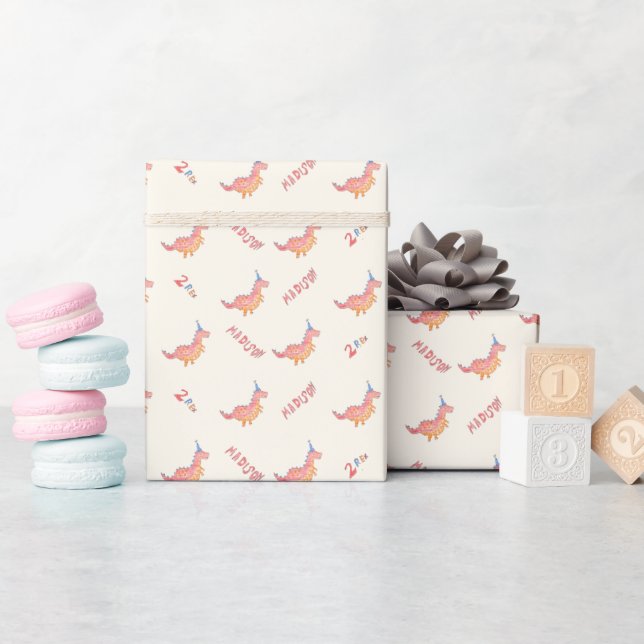 Papier Cadeau Fête d'anniversaire 2 ans dinosaure rouge rex deux (Baby Shower)