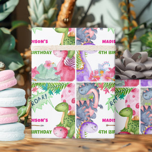 Papier Cadeau Fête d'anniversaire 4 ans dinosaure fille mignonne