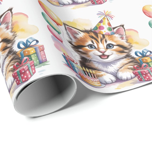 Papier Cadeau Fête d'anniversaire à l'aquarelle de chaton mignon (Coin rond)