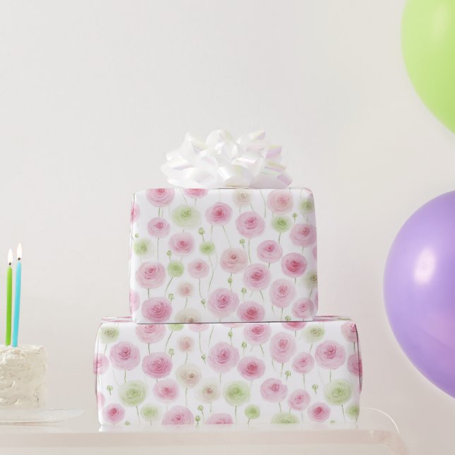 Papier Cadeau Fête d'anniversaire aux fleurs de renoncule rose m (Cadeaux de fête)