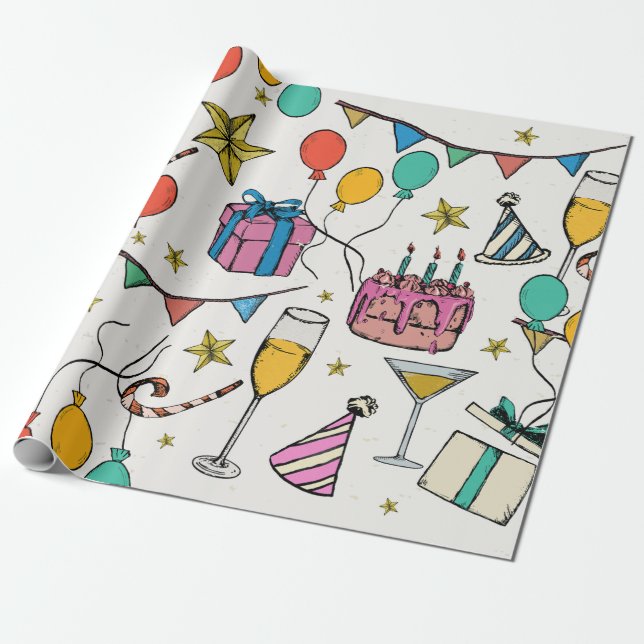 Papier Cadeau fête d'anniversaire ballons cake champagne