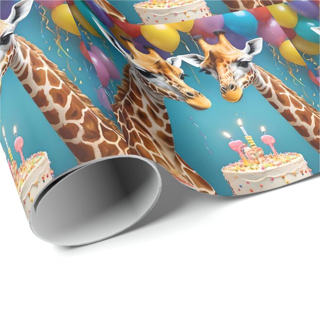 Papier Cadeau Fête D'Anniversaire De Giraffe Avec Gâteau De Ball (Coin rond)