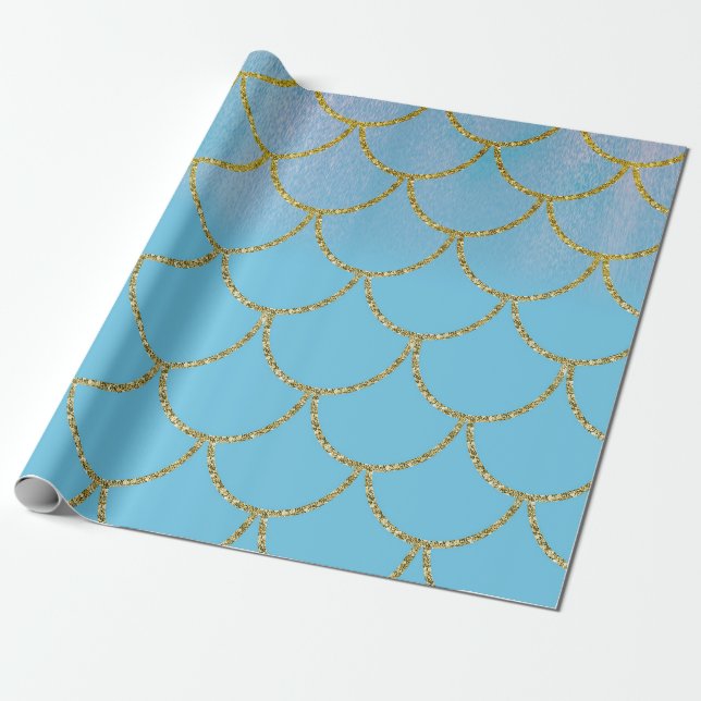 Papier Cadeau Fête d'anniversaire de sirène avec reflets bleu et (Déroulé)
