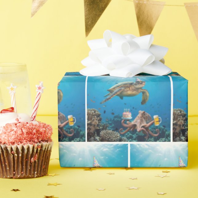 Papier Cadeau Fête d'anniversaire de tortue marine avec pieuvre (Fête d'anniversaire)