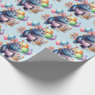 Papier Cadeau Fête d'anniversaire d'hippopotame avec gâteau
