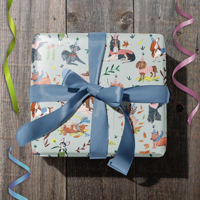 Papier Cadeau Fête d'anniversaire du chiot bleu Let's Pawty (Lets Pawty Blue Dog Puppy Birthday Party Wrapping Paper)
