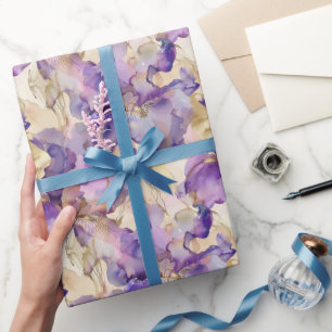 Papier Cadeau Fête d'anniversaire florale abstraite or blanc vio