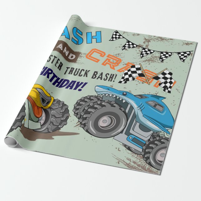 Papier Cadeau Fête d'anniversaire garçon Monster Trucks  (Déroulé)