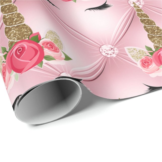 Papier Cadeau Fête d'anniversaire licorne paillettes dorées et r (Coin rond)