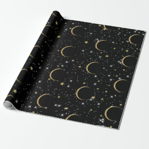 Papier Cadeau Fête d'anniversaire Magie Lunaire Étoiles d'Or Noi