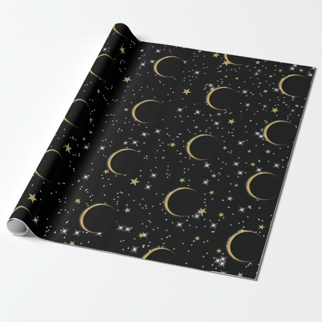 Papier Cadeau Fête d'anniversaire Magie Lunaire Étoiles d'Or Noi (Déroulé)