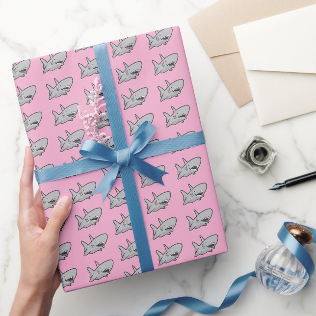 Papier Cadeau Fête d'anniversaire plage piscine rose requin (Cadeaux)