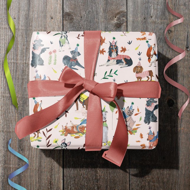 Papier Cadeau Fête d'anniversaire pour chien rose Let's Pawty (Lets Pawty Pink Dog Puppy Birthday Party Wrapping Paper)