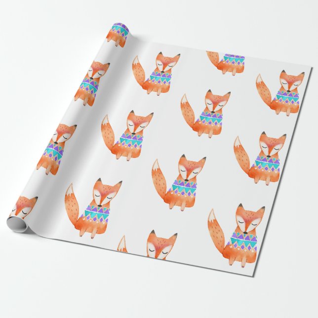 Papier Cadeau Fête d'anniversaire renard camping aquarelle (Déroulé)