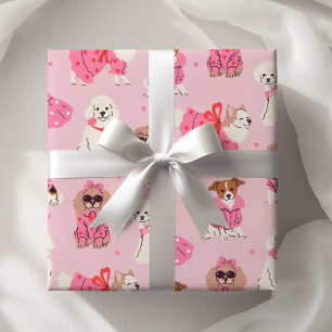 Papier Cadeau Fête d'anniversaire rose pour filles avec chiot