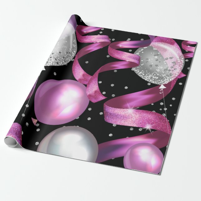 Papier Cadeau Fête d'anniversaire Sweet 16 Paillettes Argent Noi (Déroulé)