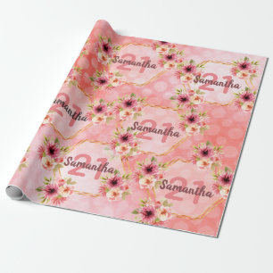 Papier Cadeau fête de 21e anniversaire corail or dahlia fleurs