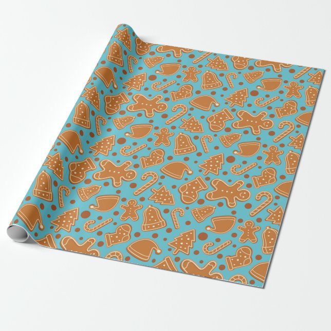 Papier Cadeau Fête de biscuits de Noël au gingembre Bleu festif  (Déroulé)