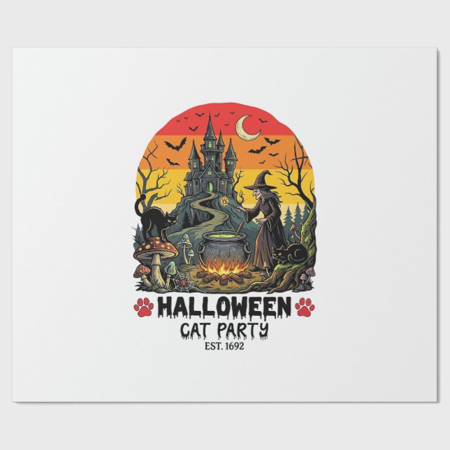 Papier Cadeau Fête de chat d'Halloween Sorcière Chaudron Chats n (Plat)