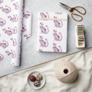 Papier Cadeau Fête de chat floral cœurs blancs rose violet